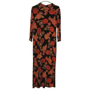 VTG Chinese Cheongsam / Qipao Inspired Long Sleeved Black Red Gold Floral Dress